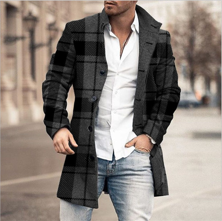 Stylish Medium-Length Checked Men's Coat - Stephen-Black-M-State of Style