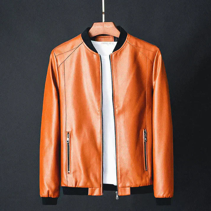 Stylish men's leather jacket made of synthetic leather with precision details – Tarek-Brown-XS-State of Style
