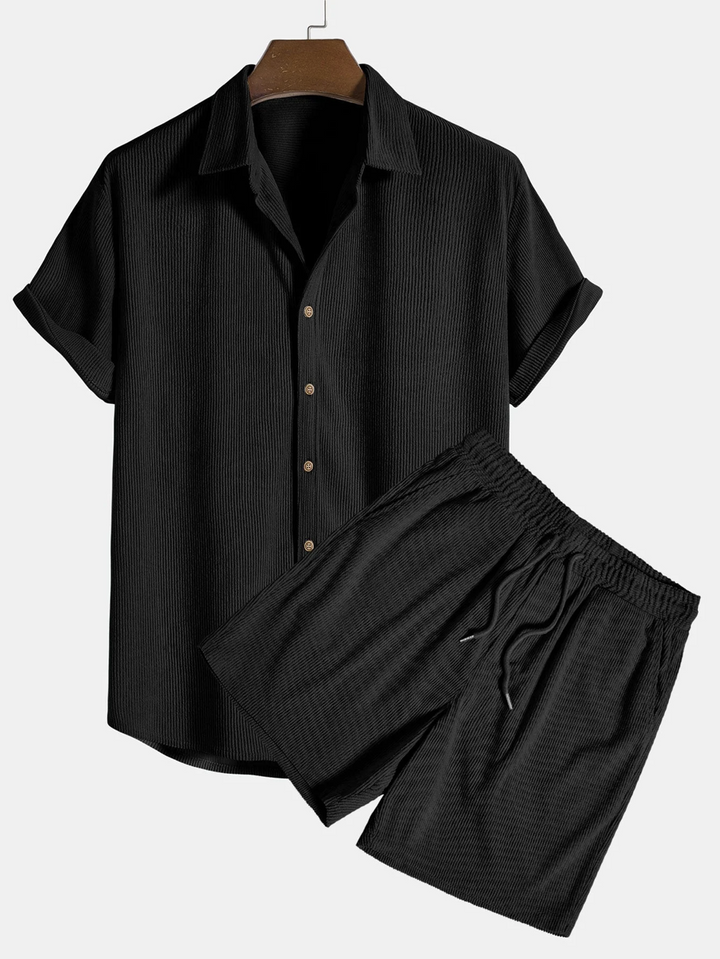 Stylish men's summer set with shirt and cord shorts - SummerCore-Black-S-State of Style