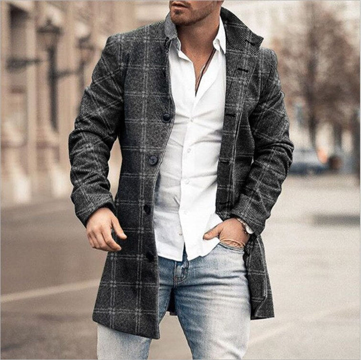 Stylish Mid-Length Checked Men's Coat - Stephen-Light Black-M-State of Style