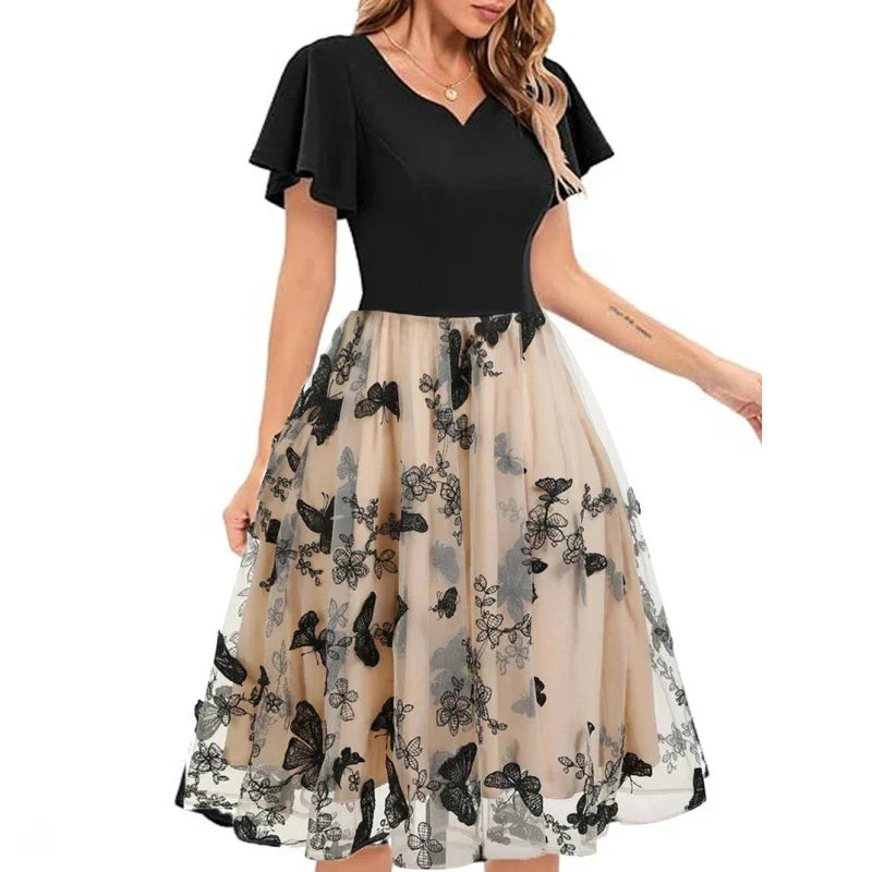 Stylish midi dress made of mesh with embroidery & flounce sleeves – Maila-S-State of Style