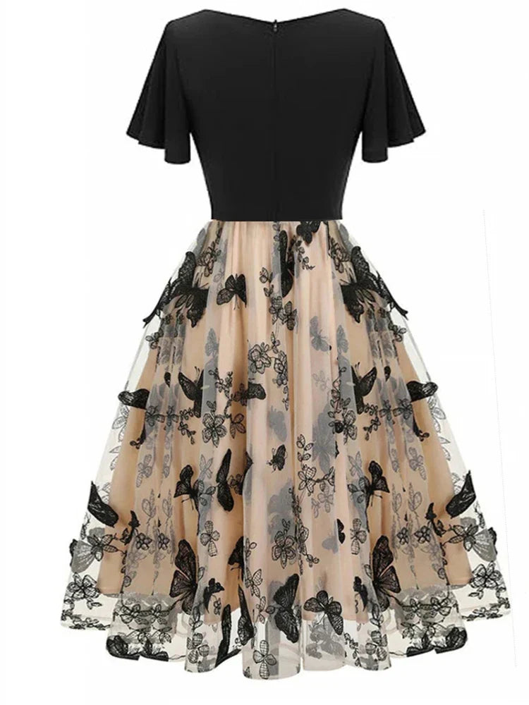 Stylish midi dress made of mesh with embroidery & flounce sleeves – Maila-S-State of Style
