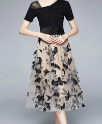 Stylish midi dress made of mesh with embroidery & flounce sleeves – Maila-S-State of Style