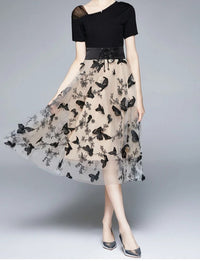 Stylish midi dress made of mesh with embroidery & flounce sleeves – Maila-S-State of Style