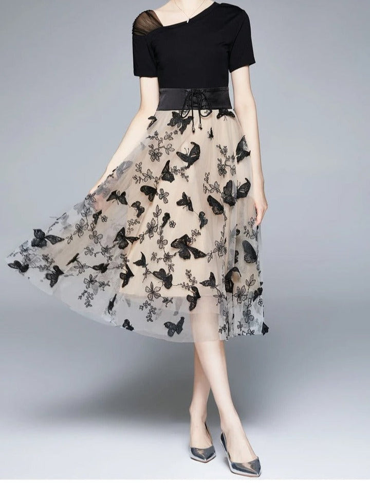 Stylish midi dress made of mesh with embroidery & flounce sleeves – Maila-S-State of Style