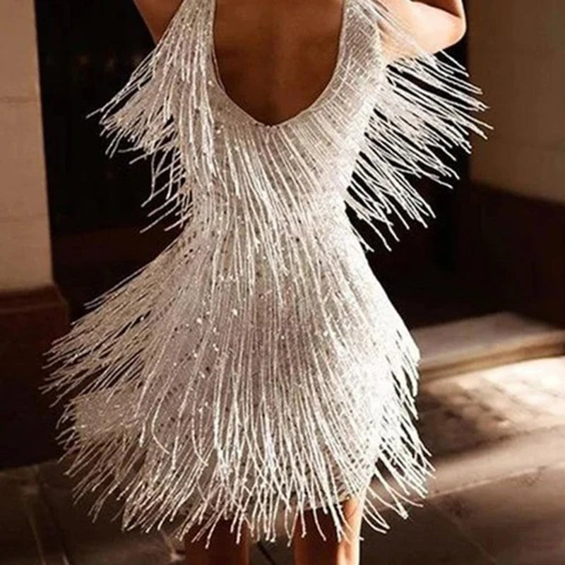 Stylish Mini Dress with Tassels - Celeste-White-S-State of Style