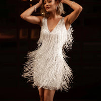 Stylish Mini Dress with Tassels - Celeste-White-S-State of Style