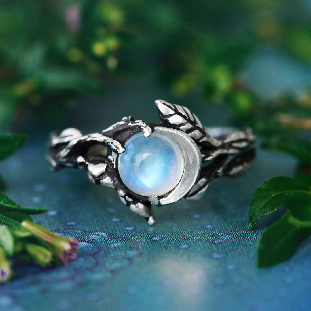 Stylish Moonstone Statement Ring - Iris-Moon and Leaf-54mm-State of Style