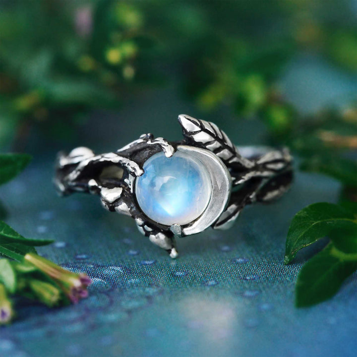 Stylish Moonstone Statement Ring - Iris-Moon and Leaf-54mm-State of Style