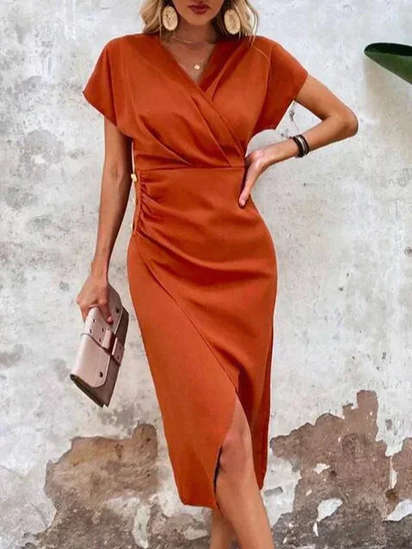 Stylish Orange V-Neck Midi Dress - Ruby-S-State of Style