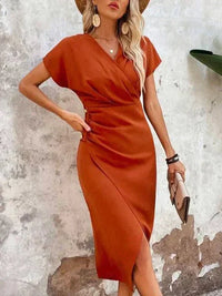 Stylish Orange V-Neck Midi Dress - Ruby-S-State of Style