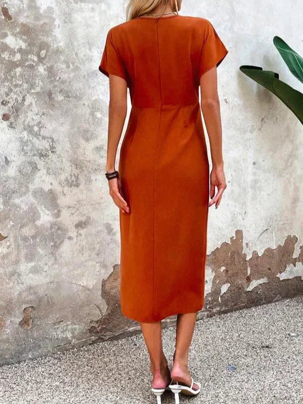 Stylish Orange V-Neck Midi Dress - Ruby-S-State of Style