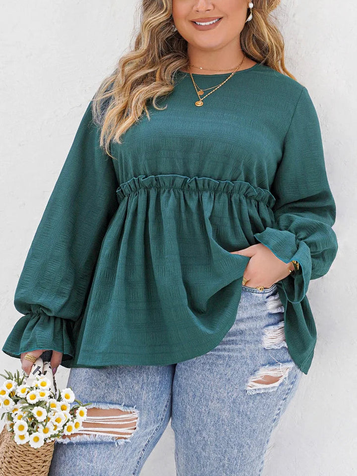 Stylish Plus-Size Peplum Top with Ruffle Detailing-Hippie Blue-2XL-State of Style