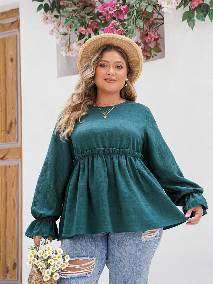 Stylish Plus-Size Peplum Top with Ruffle Detailing-Hippie Blue-2XL-State of Style