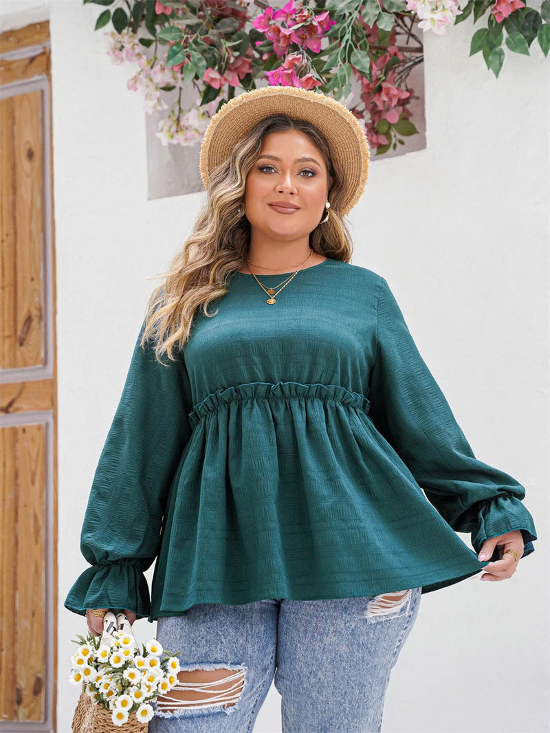 Stylish Plus-Size Peplum Top with Ruffle Detailing-Hippie Blue-2XL-State of Style