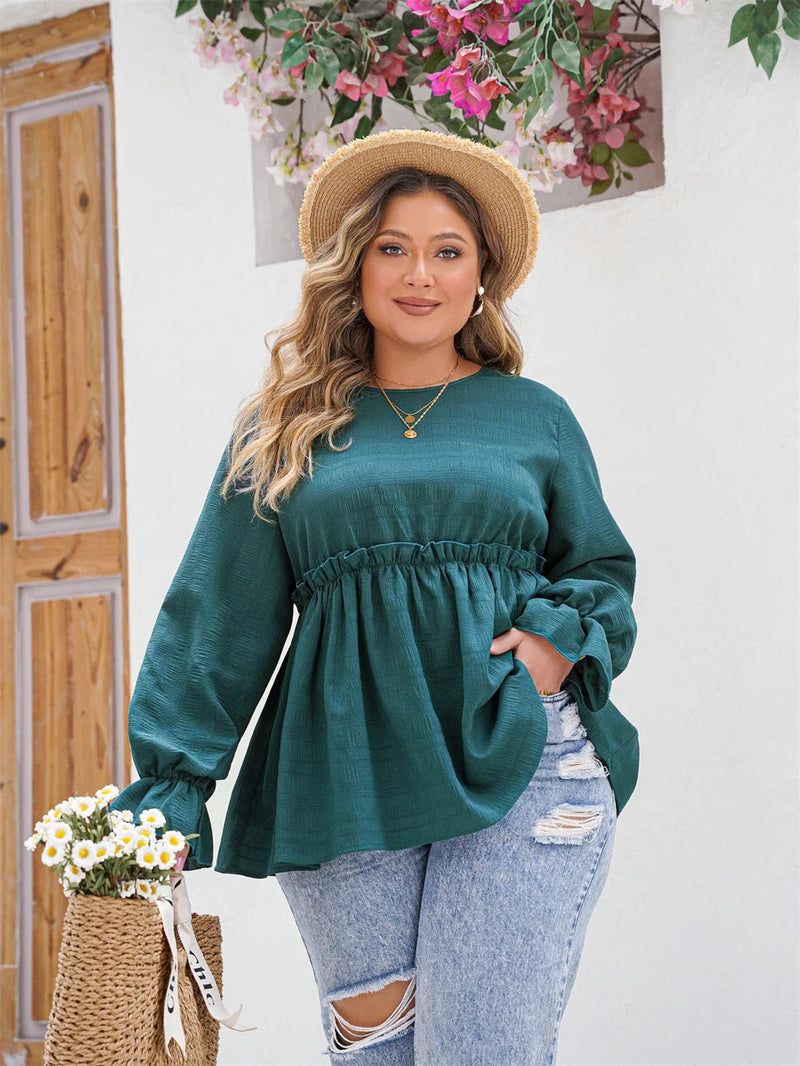 Stylish Plus-Size Peplum Top with Ruffle Detailing-Hippie Blue-2XL-State of Style