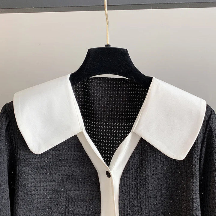 Stylish Plus-Size Spring Shirt with Contrast Lapel-Black-6XL-State of Style