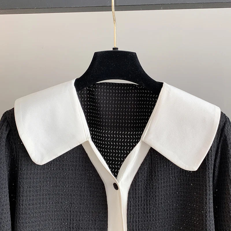Stylish Plus-Size Spring Shirt with Contrast Lapel-Black-6XL-State of Style