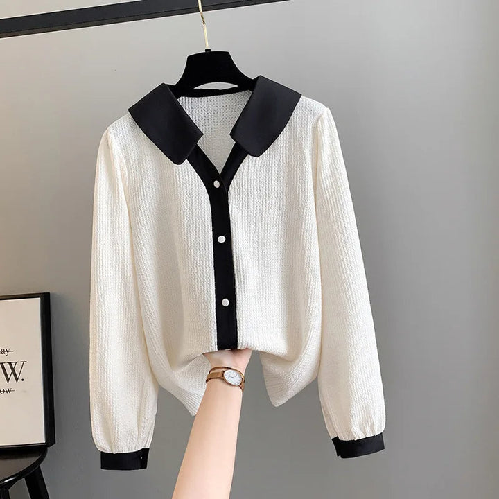 Stylish Plus-Size Spring Shirt with Contrast Lapel-Black-6XL-State of Style