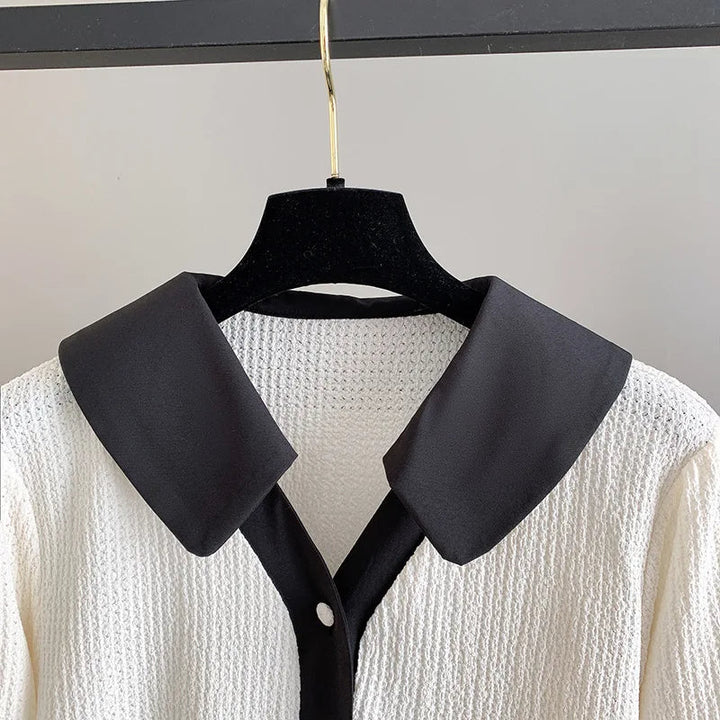 Stylish Plus-Size Spring Shirt with Contrast Lapel-Black-6XL-State of Style