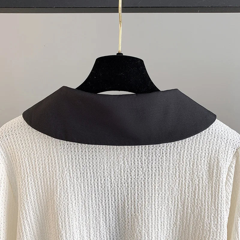Stylish Plus-Size Spring Shirt with Contrast Lapel-Black-6XL-State of Style