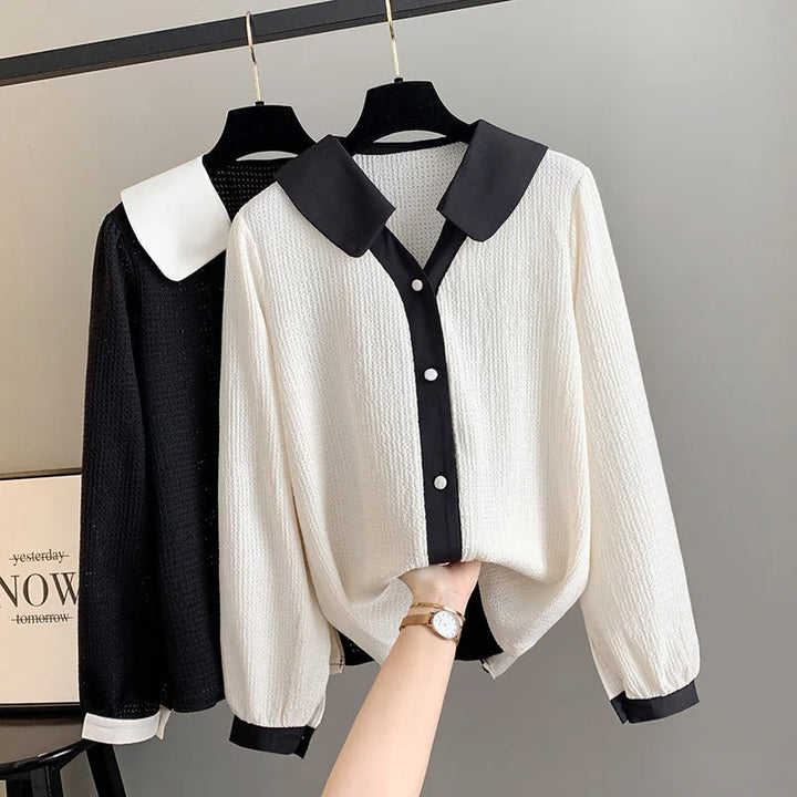 Stylish Plus-Size Spring Shirt with Contrast Lapel-Black-6XL-State of Style