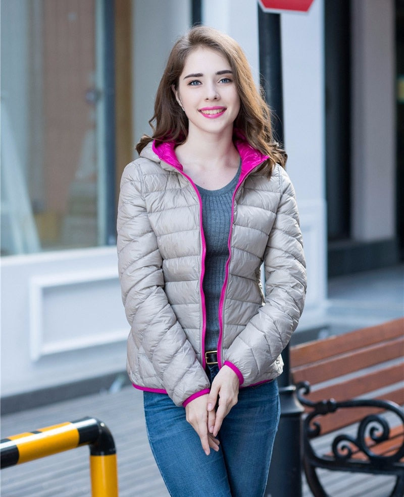 Stylish Reversible Women's Down Jacket - Aurora-Beige/Pink-S-State of Style