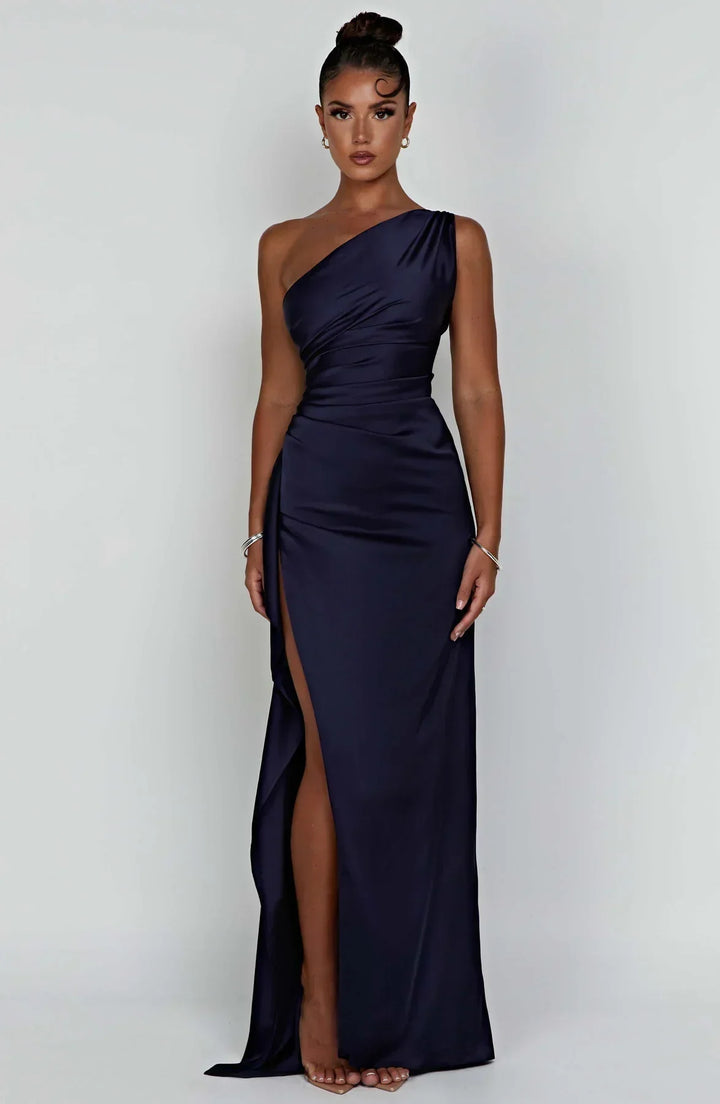 Stylish Satin Dress with Pleats and Shoulder Detail - Selene-Red-XS-State of Style