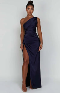 Stylish Satin Dress with Pleats and Shoulder Detail - Selene-Red-XS-State of Style
