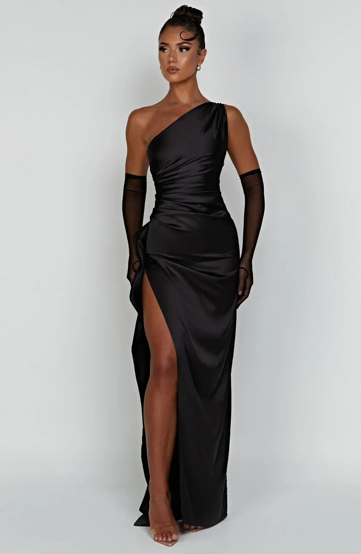 Stylish Satin Dress with Pleats and Shoulder Detail - Selene-Red-XS-State of Style