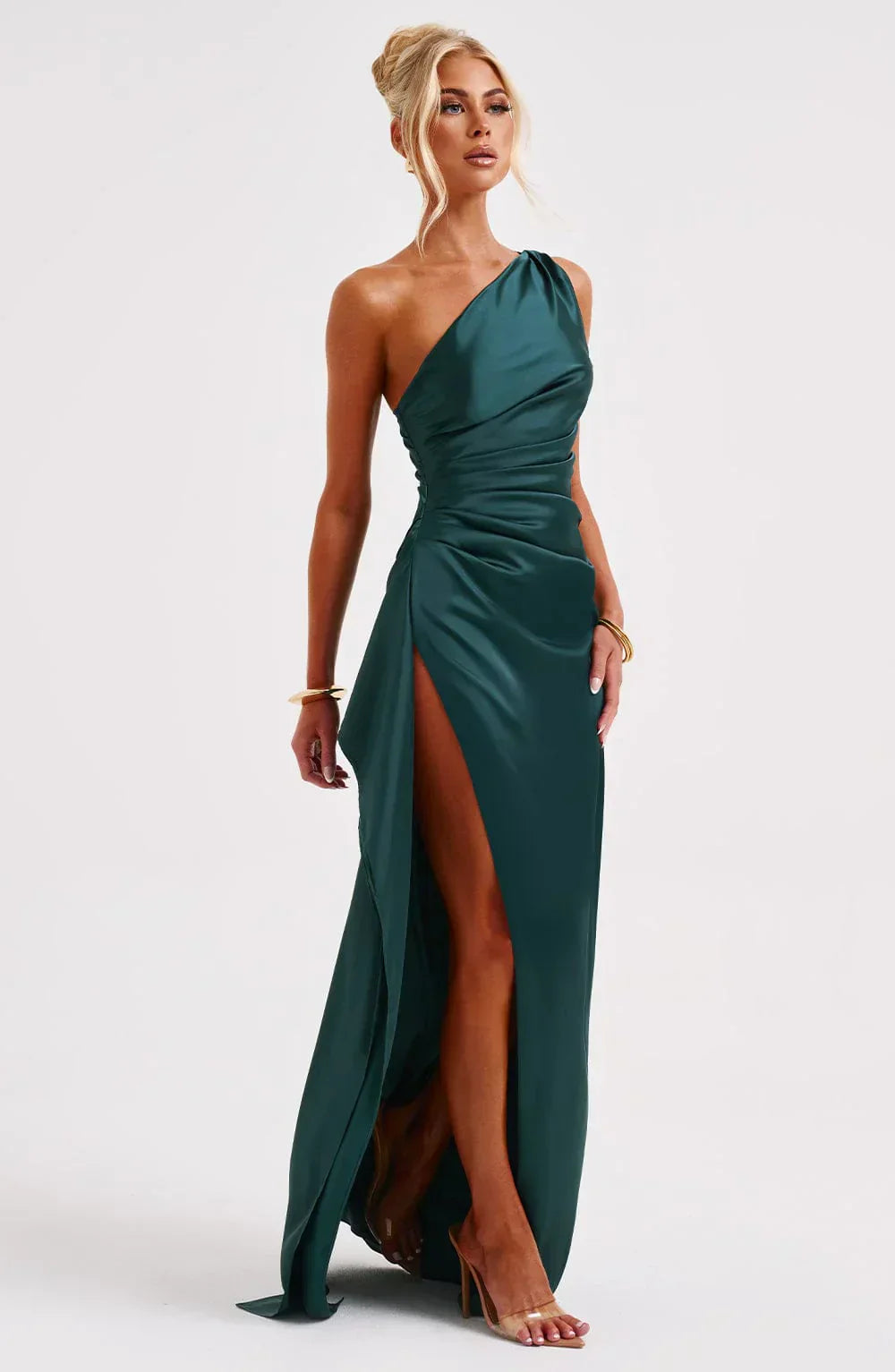 Stylish Satin Dress with Pleats and Shoulder Detail - Selene-Red-XS-State of Style