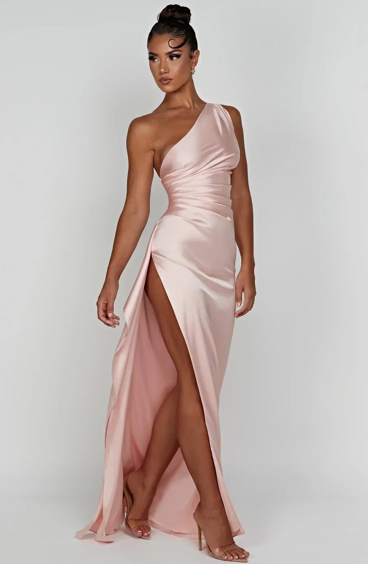 Stylish Satin Dress with Pleats and Shoulder Detail - Selene-Red-XS-State of Style