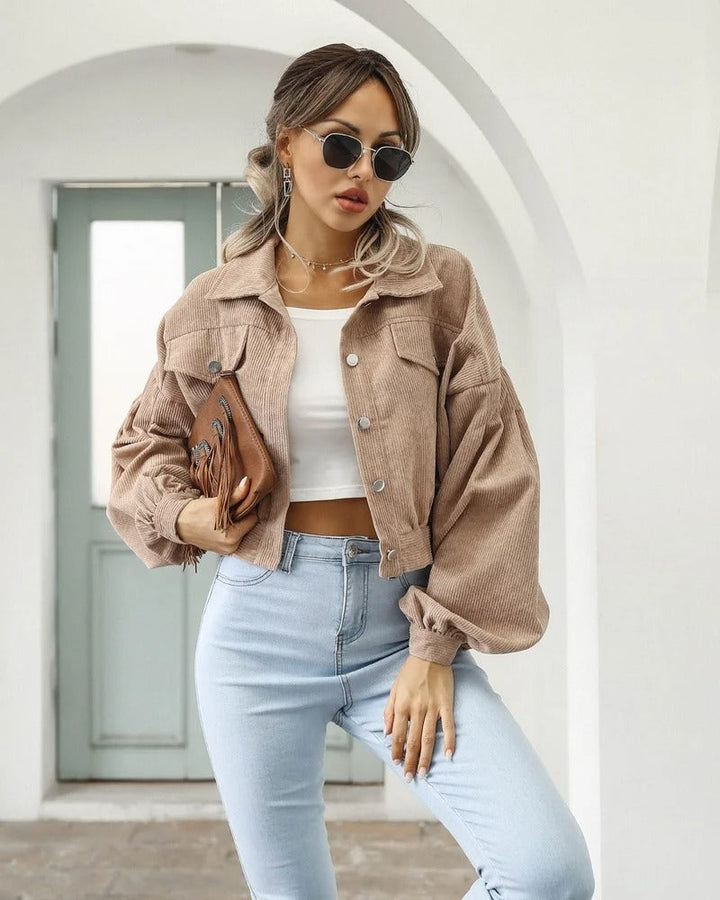 Stylish short denim jacket - Amira-Khaki-S-State of Style