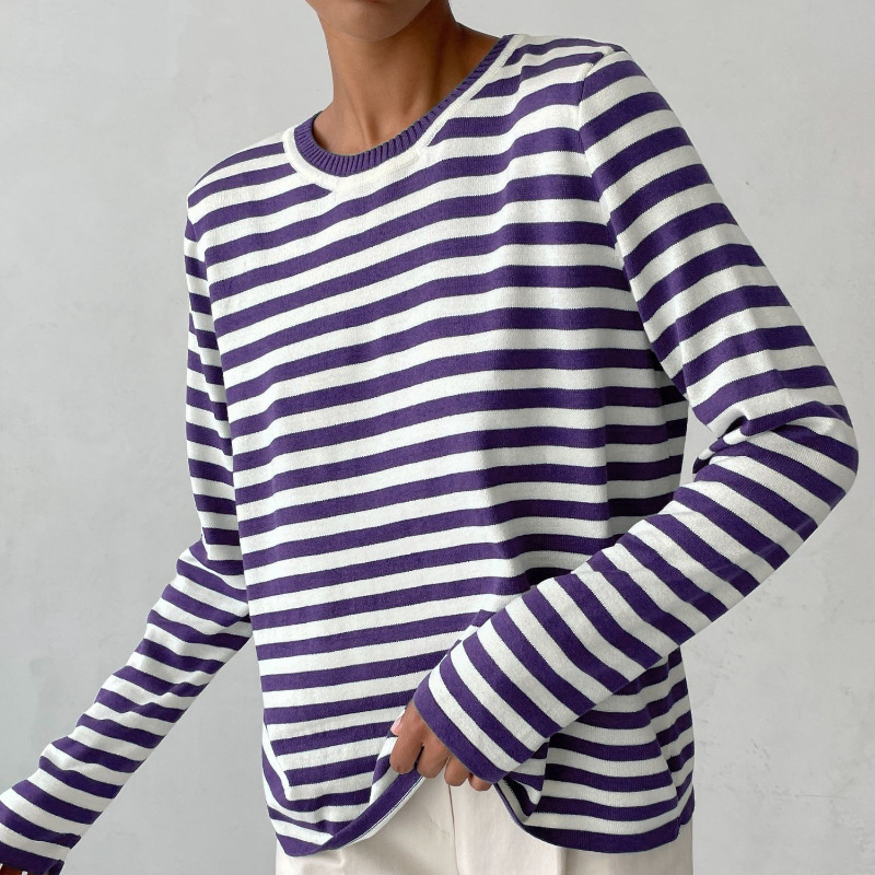 Stylish Striped T-Shirt Made of Lightweight Fabric - StreifenLeicht-Royal Purple-S-State of Style