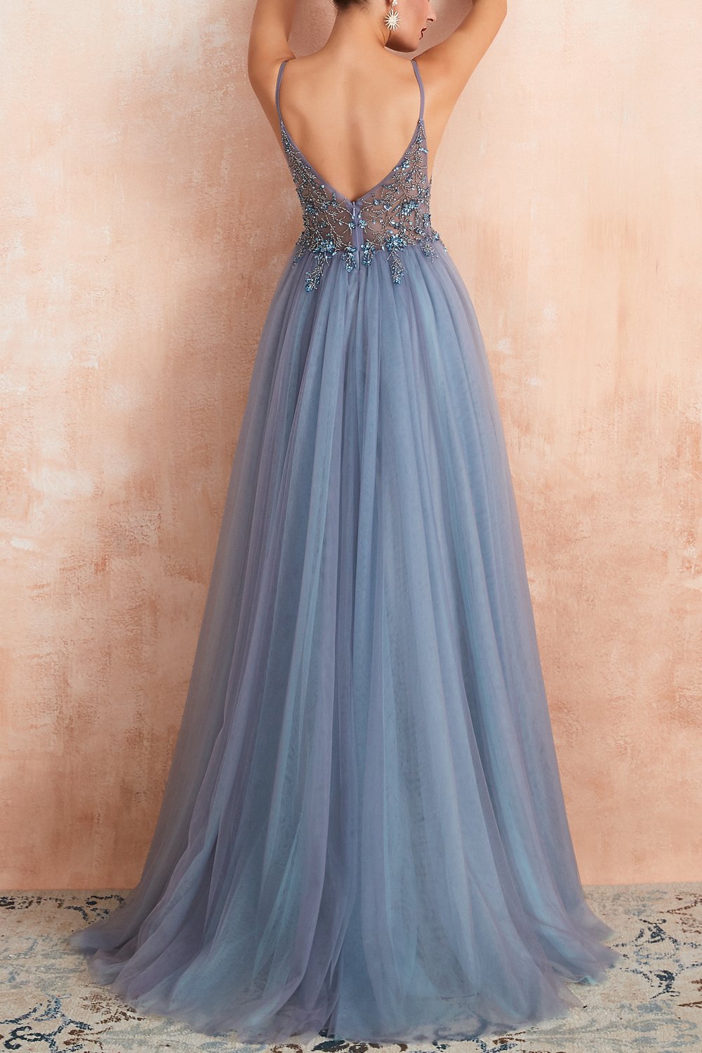 Stylish Tulle Evening Dress with V-Neck and Split - Elena-Light Blue-AU4-State of Style