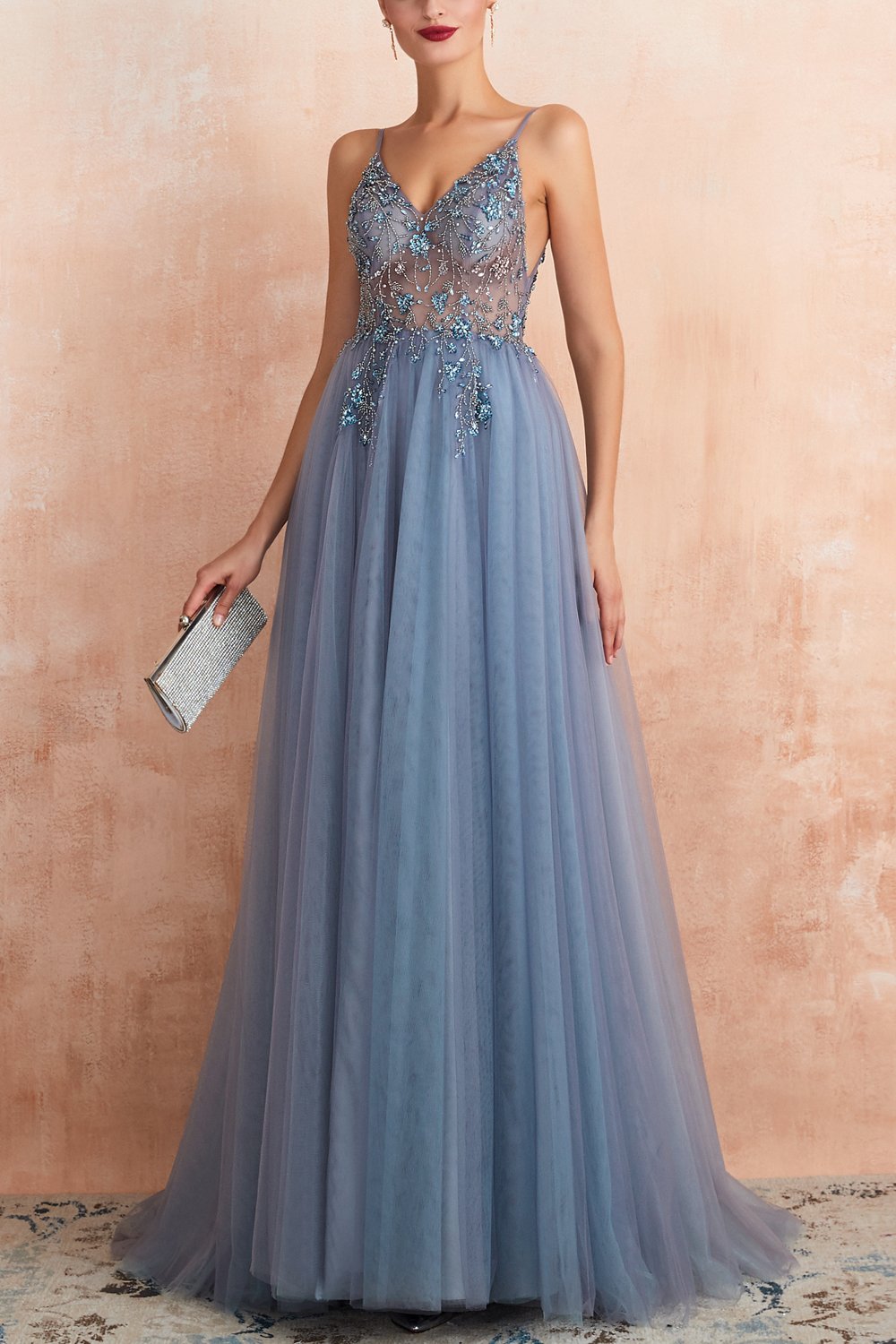 Stylish Tulle Evening Dress with V-Neck and Split - Elena-Light Blue-AU4-State of Style