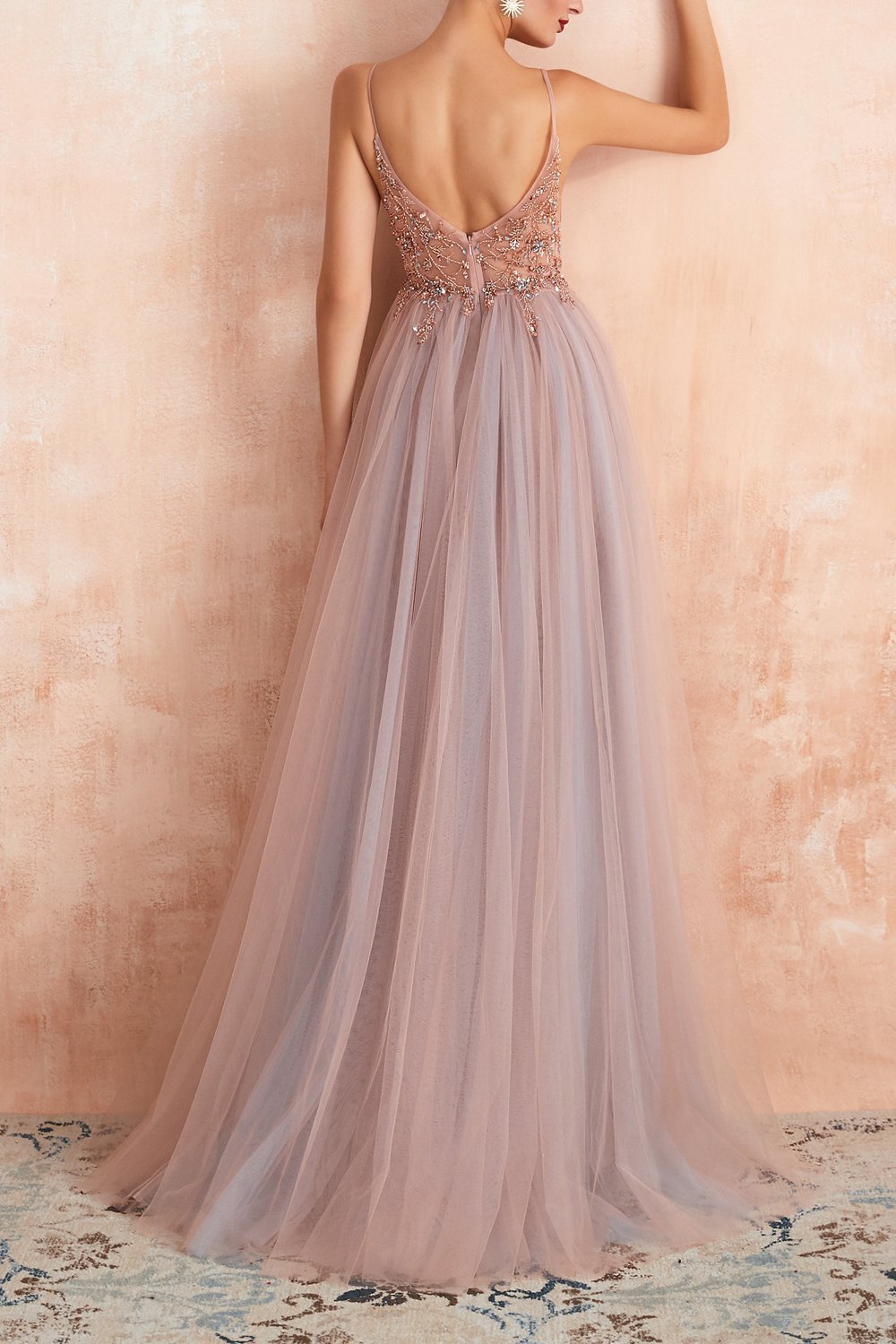Stylish Tulle Evening Dress with V-Neck and Split - Elena-Light Blue-AU4-State of Style