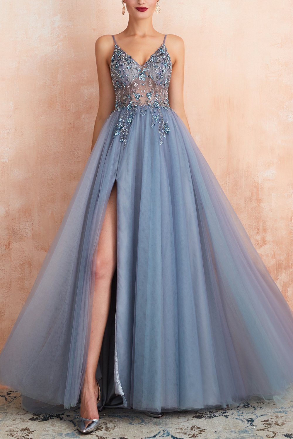 Stylish Tulle Evening Dress with V-Neck and Split - Elena-Light Blue-AU4-State of Style