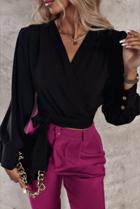 Stylish V-Neck Blouse with Puff Sleeves - Mireille-Black-S-State of Style