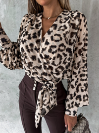 Stylish V-Neck Blouse with Puff Sleeves - Mireille-Leopard print-S-State of Style