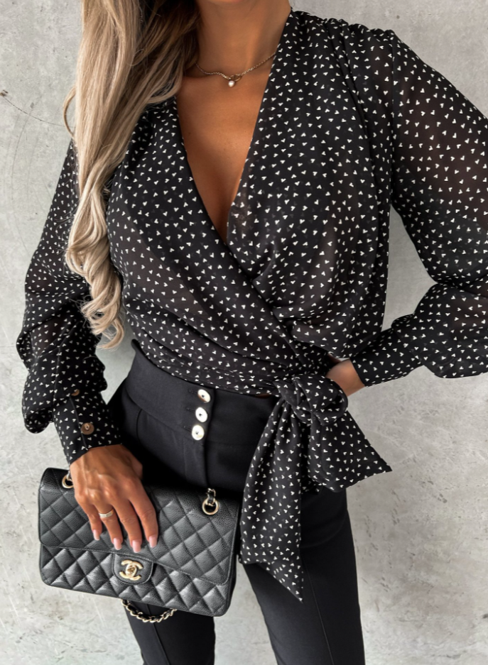 Stylish V-Neck Blouse with Puff Sleeves - Mireille-Polka dots-S-State of Style