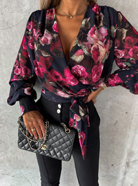 Stylish V-Neck Blouse with Puffed Sleeves - Mireille-Flower print-S-State of Style