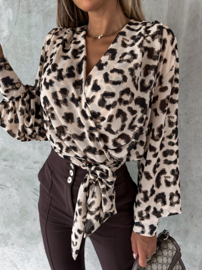 Stylish V-Neck Blouse with Puffed Sleeves - Mireille-Leopard print-S-State of Style