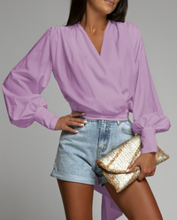 Stylish V-Neck Blouse with Puffed Sleeves - Mireille-Purple-S-State of Style