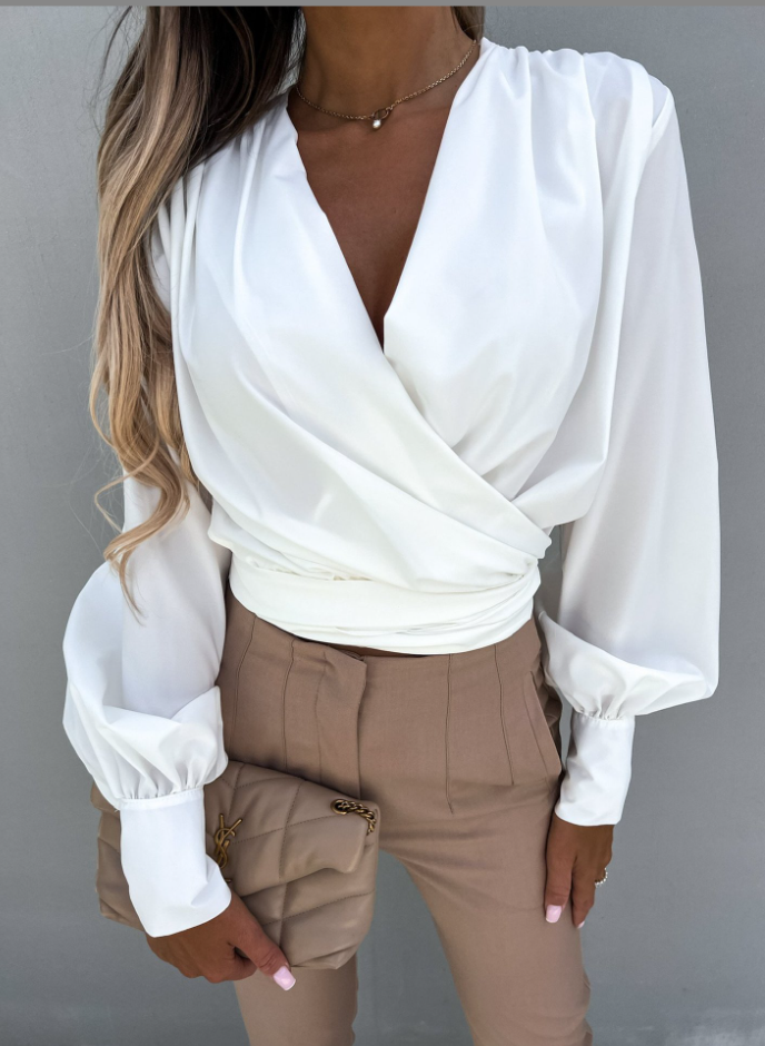 Stylish V-Neck Blouse with Puffed Sleeves - Mireille-White-S-State of Style