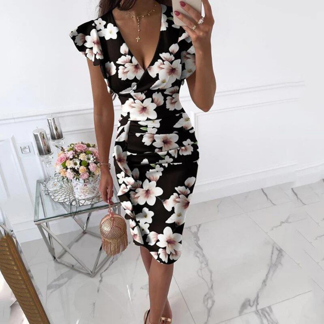 Stylish V-Neck Dress with Pleated Sleeves - Maud-Black White-S-State of Style