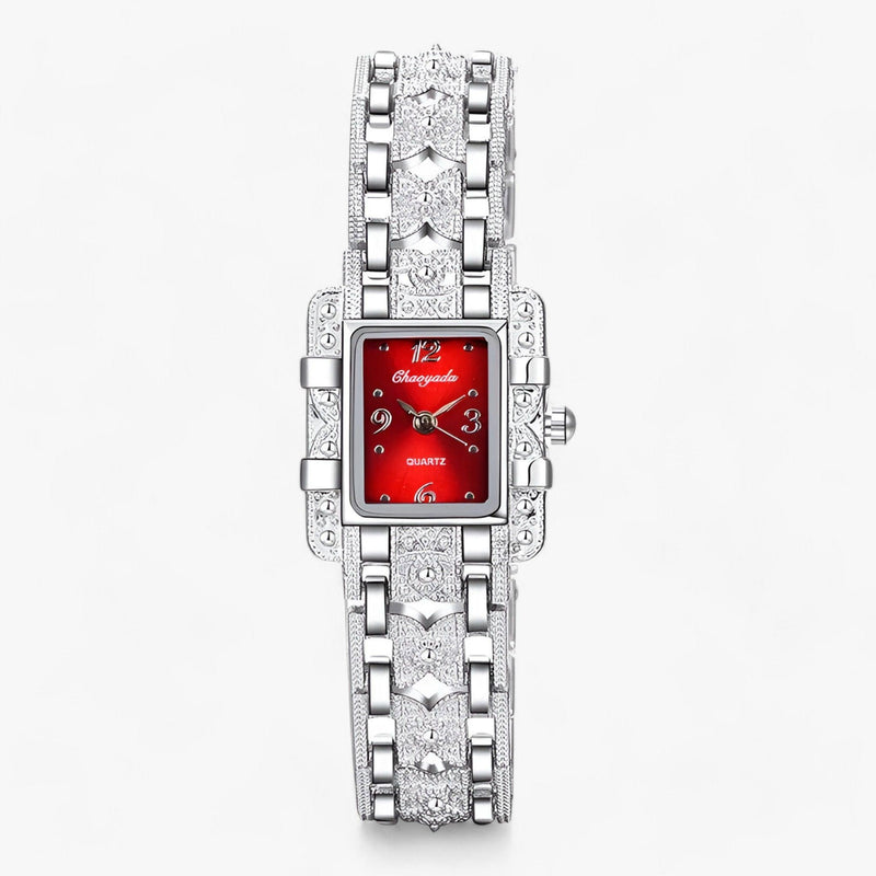 Stylish Watch with Rectangular Dial and Crystals – Camille-Red-State of Style