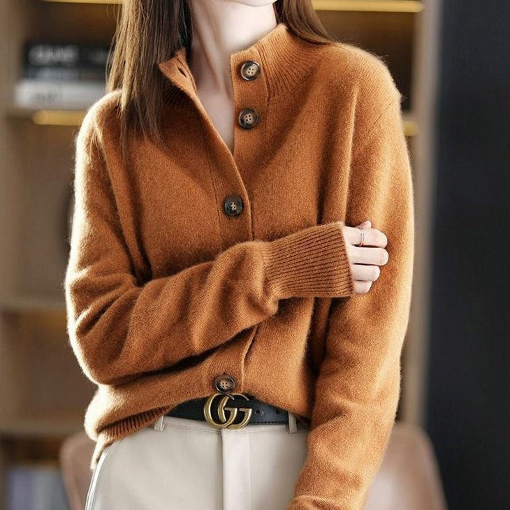 Stylish Women's Cardigan with Buttons and High Collar - Nora-Caramel-XS-State of Style