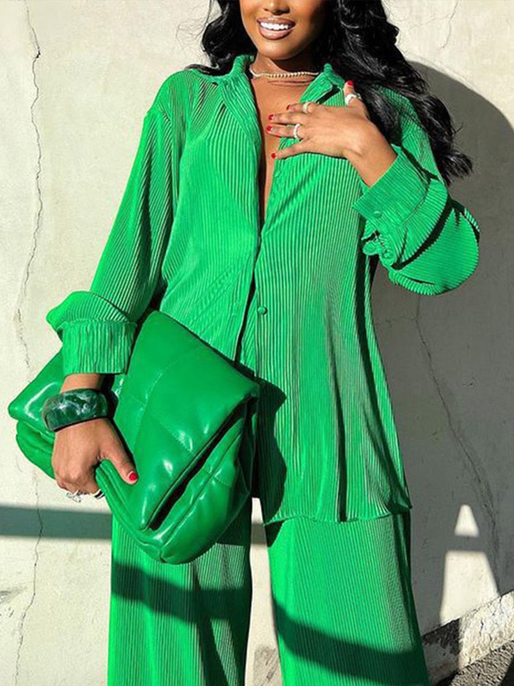 Stylish Women's Colourful Two-Piece Set | Top and Pants-Green-S-State of Style
