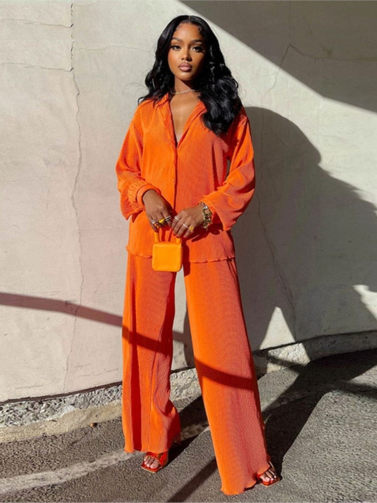 Stylish Women's Colourful Two-Piece Set | Top and Pants-Orange-S-State of Style